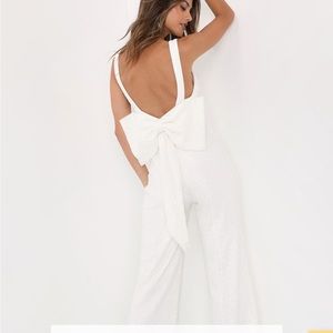 Lulus Feeling Sparkly White Sequin Bow Wide-Leg Jumpsuit